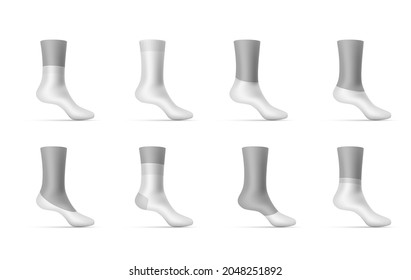 Collection type of socks realistic vector illustration. Set blank different pairs of stocking no show, low cut, ankle, mid and over calf isolated. 3d clothes template on mannequins with shadow