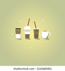 collection of types of coffee drinks. several glasses and a cup. illustration perfect for coffee shop background and texture