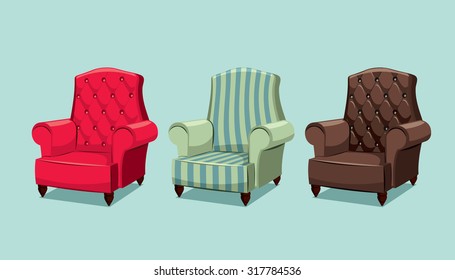 Collection Types Seating. Leather Armchair. Simple Cartoon Isolated Vector Illustration.