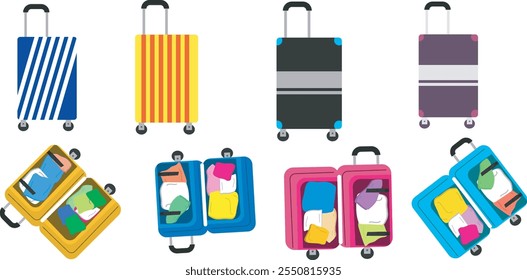 Collection of types of suitcases with wheels. for storing travel and holiday clothes of various shapes and colors. vector illustration