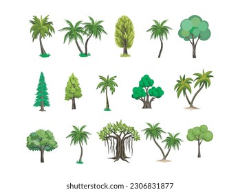 collection of types of trees with cartoon styled images