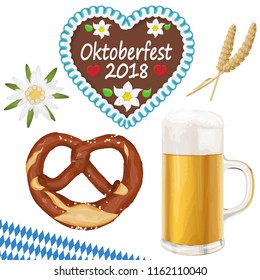 collection of typical illustrated Oktoberfest objects, beer, bretzel, gingerbread heart, wheat and Edelweiss flower