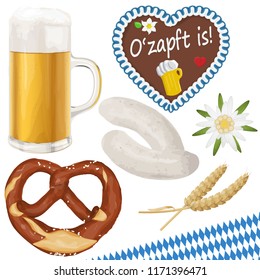 collection of typical illustrated Oktoberfest objects, beer, bretzel, gingerbread heart, wheat, white sausage and Edelweiss flower