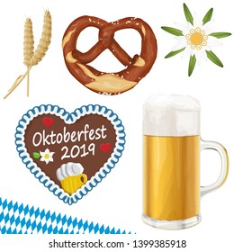 collection of typical illustrated Oktoberfest objects, beer, bretzel, wheat, Edelweiss flower and gingerbread heart for beer garden time 2019