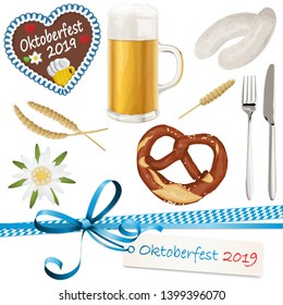 collection of typical illustrated Oktoberfest objects, beer, bretzel, gingerbread heart with text 'Oktoberfest 2019', Edelweiss flower, wheat, white sausage, spoon, knife, ribbon bow with hang tag