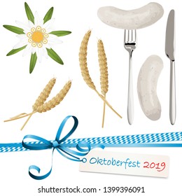 collection of typical illustrated Oktoberfest objects, Edelweiss flower, wheat, white sausage with spoon and knife and ribbon bow with hang tag for beer garden time 2019