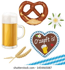 collection of typical illustrated Oktoberfest objects, beer, bretzel, wheat, Edelweiss flower and gingerbread heart (with text It is tapped! in german) for beer garden time 2019
