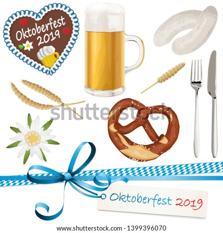 collection of typical illustrated Oktoberfest objects, beer, bretzel, gingerbread heart with text 'Oktoberfest 2019', Edelweiss flower, wheat, white sausage, spoon, knife, ribbon bow with hang tag