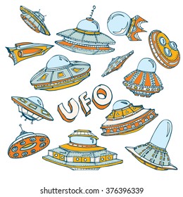 Collection of UFO. Set of hand drawn graphic illustration on cosmic theme