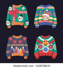 Collection of ugly Christmas sweaters with colorful patterns