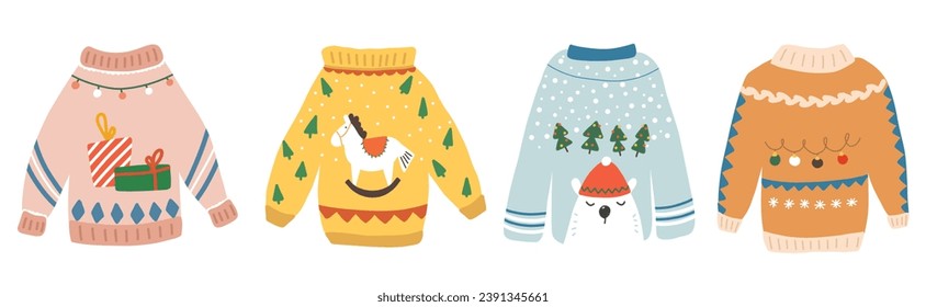 Collection of ugly Christmas sweaters isolated on a light background. Set of handmade knitted woolen winter clothes. 