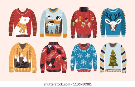 Collection of ugly Christmas sweaters or jumpers isolated on light background. Bundle of knitted woolen winter clothing with various prints. Colorful vector illustration in flat cartoon style.