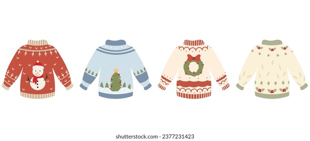 Colección de sudaderas navideñas feas o saltadores aislados en un fondo claro. Juego de ropa de invierno de lana hecha a mano. Ilustración vectorial al estilo de las caricaturas planas.	