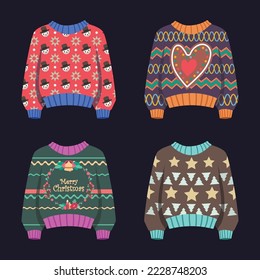 Collection of ugly Christmas sweaters with patterns