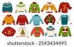 Collection ugly sweaters vector illustrations isolated. Cute wool pullovers with norwegian ornaments and traditional holidays print for comfort and Christmas party. Set of knitted winter jumpers