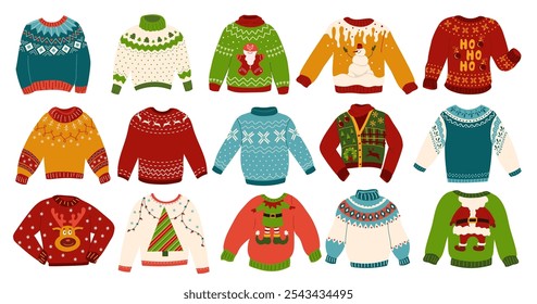 Colección feos suéteres Ilustraciones vectoriales aisladas. Lindos suéteres de lana con adornos noruegos y estampado tradicional de fiestas para mayor comodidad y fiesta de Navidad. Conjunto de jerséis de invierno de punto