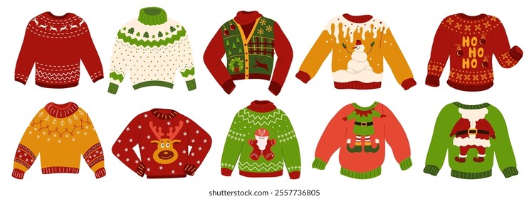 Collection ugly sweaters vector illustrations isolated. Cute red and green wool pullovers with traditional holidays print for comfort and Christmas party. Set of knitted winter jumpers