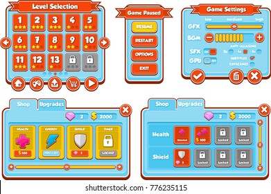 Collection of UI elements with colorful buttons and icons for creating casual video games
