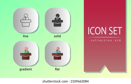 Collection of UI icons for websites, mobile apps, infographics. Symbols with talking person, public speaker. Man on a podium with microphone. Conference signs in gradient, solid, line, flat styles.