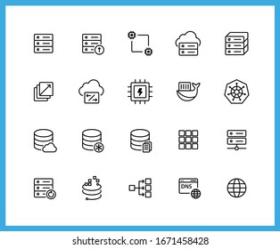 Collection of UI UX black linear icons.  . Cloud, Compute, Storage, Networking. Set of cloud platform symbols drawn with thin contour lines. Vector illustration.