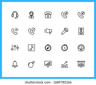 Collection of UI UX black linear icons. Call, Equipment, Compass, Chart. Set of sound and time symbols drawn with thin contour lines. Vector illustration.