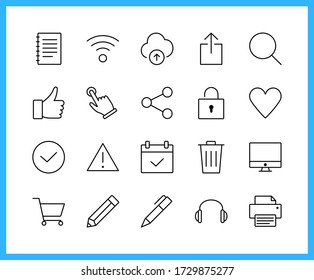 Collection of UI UX linear icons and color icons. printer, moniter, internet, share , technology. Set of share, computer symbols drawn with thin contour lines. Vector illustration.