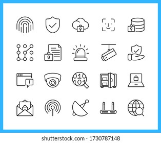 Collection of UI UX linear icons and color icons. Security, surveillance camera, fingerprint, detection, network. Set of system, connection symbols drawn with thin contour lines. Vector illustration.