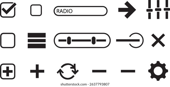 Collection of UIUX Interface Icons checkbox radio button dropdown arrow slider hamburger menu