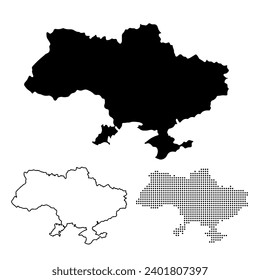 Collection of Ukraine map from black pop art dots and in linear style and silhouette. For banner, poster, website, web technology design. White background