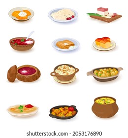 Collection of ukrainian dishes, homemade food, tasty and fresh served in plates and pot. Vector meals from oven, ethnic foods design. Isolated on white background