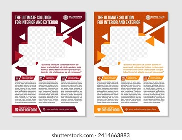 collection of the ultimate solution for Interior and exterior Decorator Flyer Template. yellow and red colors can be selected. triangle element design. vertical layout with space for photo. 