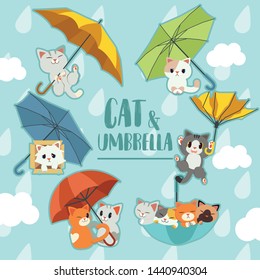 The collection of the umbrella with a cats set in flat vector style. Graphic resource about cat and umbrella
for graphic,content , banner, sticker label 