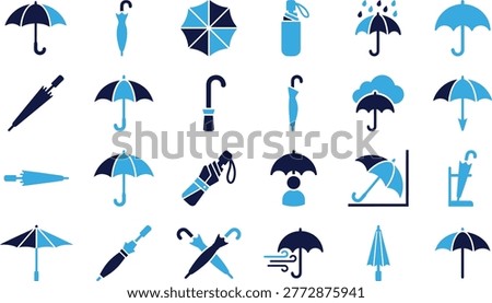 Collection of umbrella icons open closed folding and wind blown protection from rain weather elements.