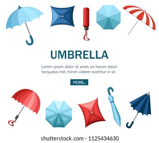 Collection of umbrellas. Flat style design. Umbrellas in various positions. Parasol opened and taken down. Flat vector illustration on white background. Concept design for website or advertising.