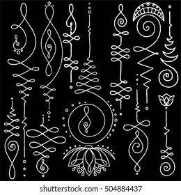 Collection of unalome, Buddhism sacred geometry design. Vector spiritual tattoos with rough edges.
