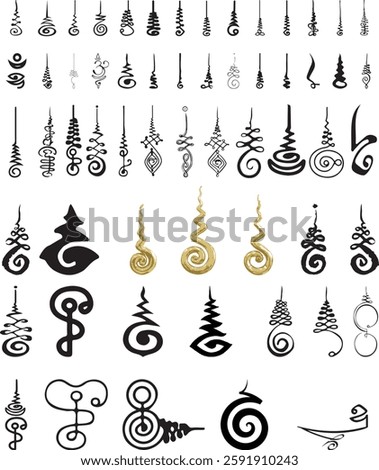 Collection of Unalome vector symbols in various artistic styles, representing spiritual enlightenment and mindfulness. Perfect for tattoo designs, meditation visuals, and Thai-inspired decorative art.