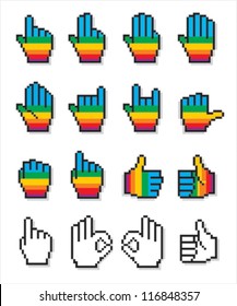 Collection of uncommon cursor hands in rainbow colors plus black and white.