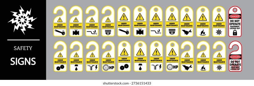 Collection of under maintenance and danger safety signs for industrial use