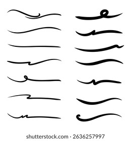 A collection of underlines that vary in shape and different line thicknesses, drawn manually by hand.