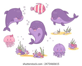 Collection underwater animals. Cute dolphins, striped fish and jellyfish boy, girl and bottom with algae, corals. Isolated undersea elements and funny cartoon kawaii character. Vector illustration