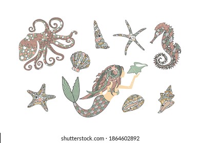 Collection of underwater fauna and mermaid in zen art style isolated on white background