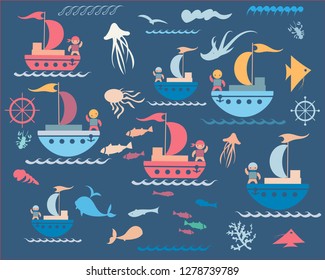 collection of underwater fish animals and ships