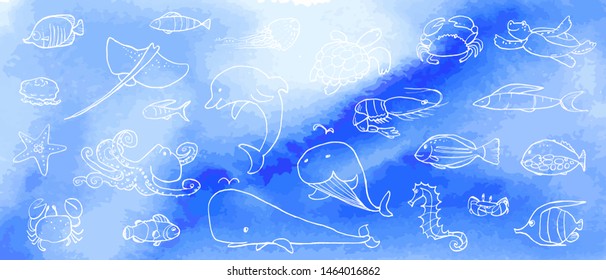 Collection of underwater life doodles. Sea animals and fish. Vector stock set. Cute icons with watercolor texture. Can be used for printed materials. Marine background. Hand drawn design elements. 