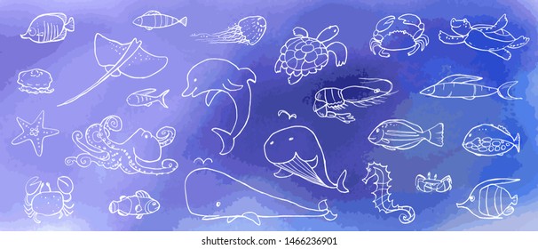 Collection of underwater life doodles. Sea animals and fish. Vector stock set. Cute icons with watercolor texture. Can be used for printed materials. Marine background. Hand drawn design elements. 
