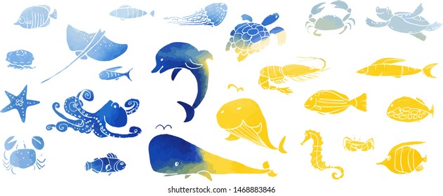 Collection of underwater life ink doodles with watercolor texture. Sea animals and fish. Vector stock set. Cute icons. Can be used for printed materials. Ocean background. Hand drawn design elements. 