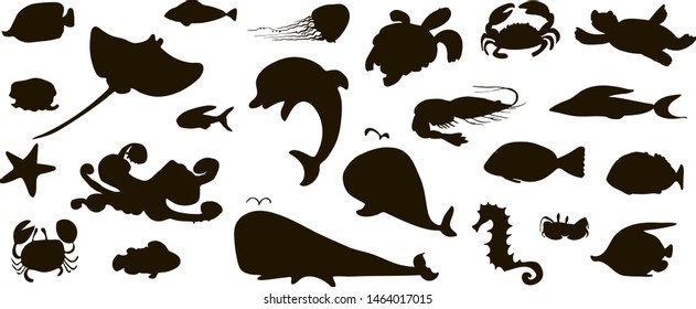 Collection of underwater life ink silhouette doodles. Sea animals and fish. Vector stock set. Cute icons. Can be used for printed materials. Marine background. Hand drawn design elements. 