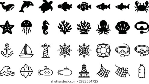 Collection of underwater and nautical icons featuring marine life and sea exploration equipment