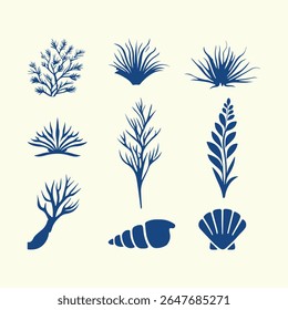 Collection of underwater ocean marine coastal plants and seashells, vector illustration