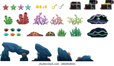 Collection of underwater ocean sea plants and objects