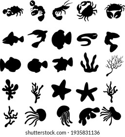 Collection of Underwater Sea Creatures Jellyfish, Shrimp, Lobsters and Crabs in Silhouette Form Logos or Icons